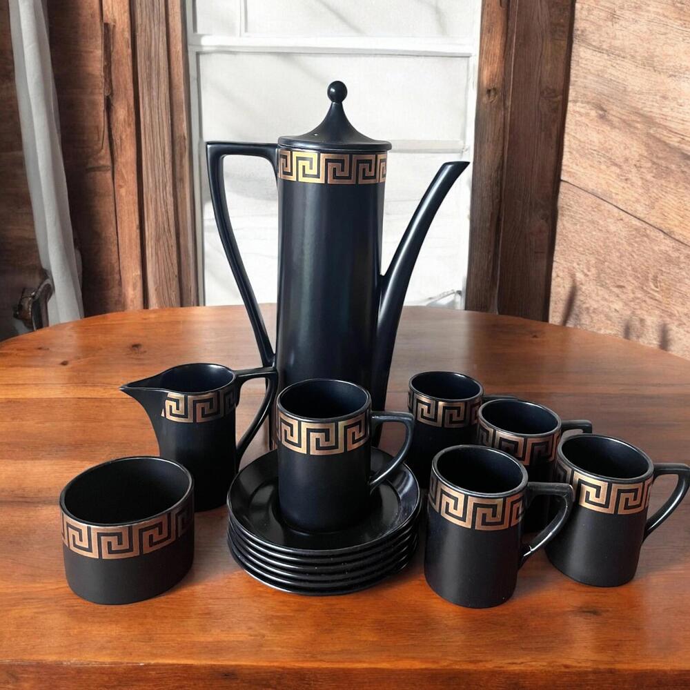 SET VINTAGE PORTMEIRION BLACK GREEK KEY COFFEE TEA ENGLAND MIDCENTURY MODERN MCM
